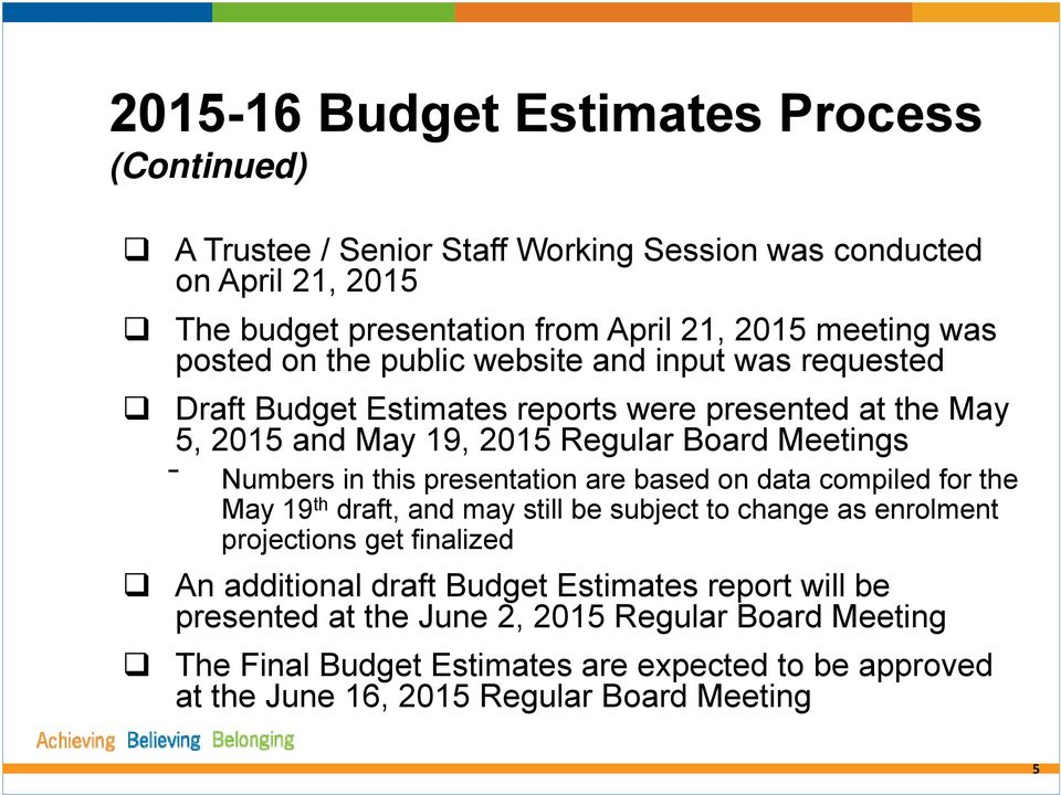 this presentation are based on data compiled for the May 19 th draft, and may still be subject to change as enrolment projections get finalized An additional draft Budget