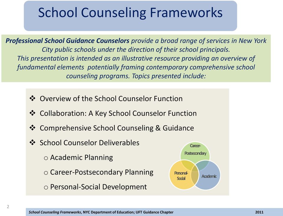 This presentation is intended as an illustrative resource providing an overview of fundamental elements potentially framing contemporary comprehensive school counseling