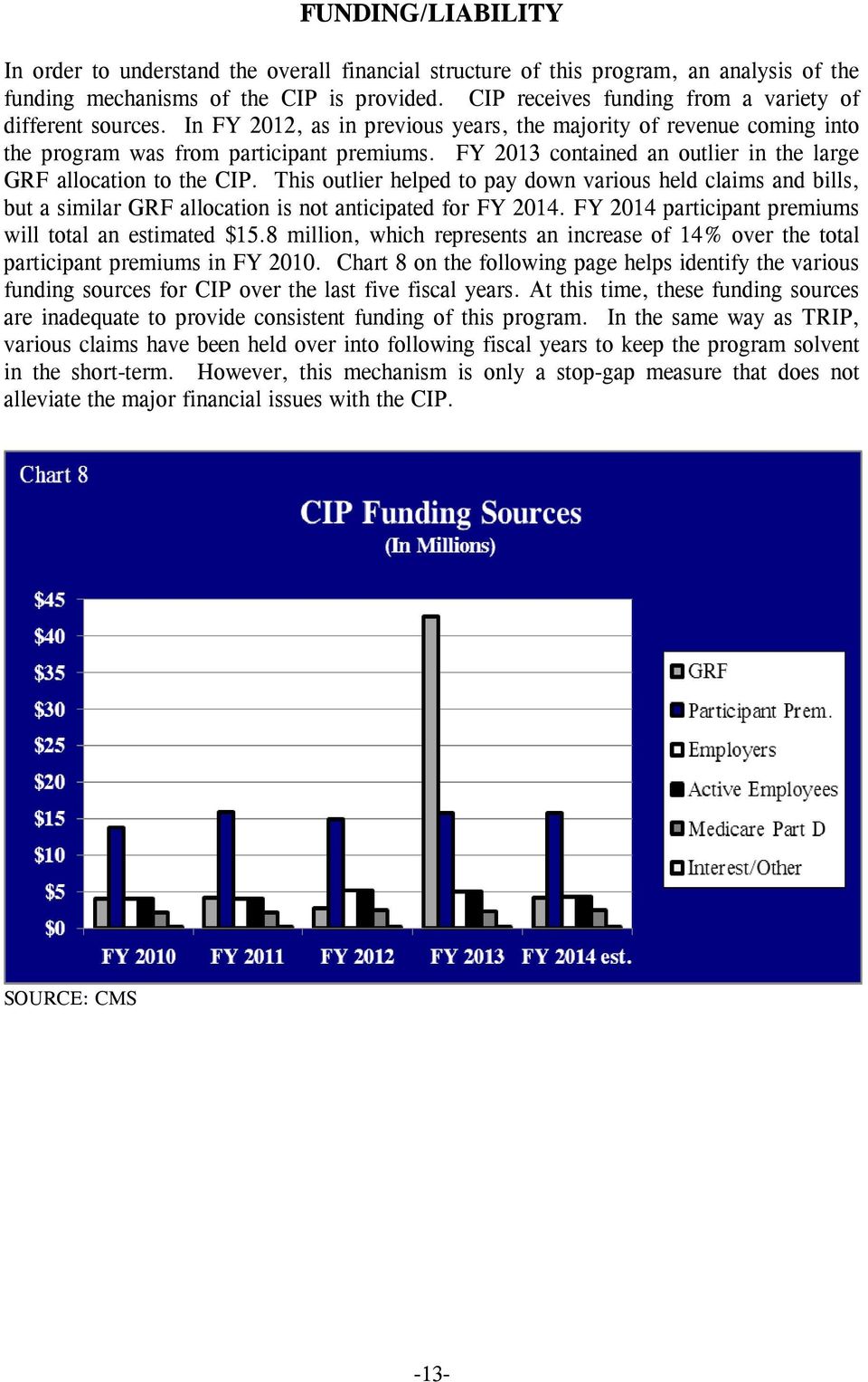 FY 2013 contained an outlier in the large GRF allocation to the CIP. This outlier helped to pay down various held claims and bills, but a similar GRF allocation is not anticipated for FY 2014.