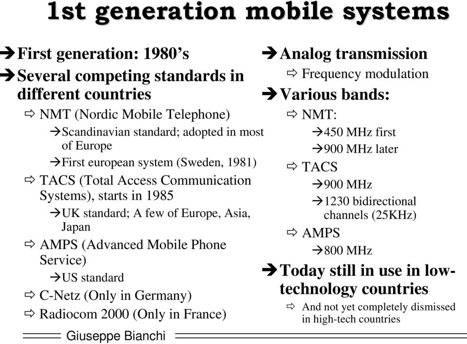 Service) US standard C-Netz (Only in Germany) Radiocom 2000 (Only in France) Analog transmission Frequency modulation Various bands: NMT: 450 MHz first 900 MHz