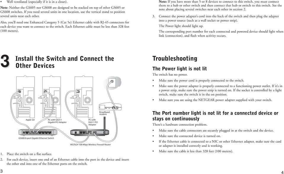 Also, you ll need one Enhanced Category 5 (Cat 5e) Ethernet cable with RJ-45 connectors for each device you want to connect to the switch. Each Ethernet cable must be less than 328 feet (100 meters).