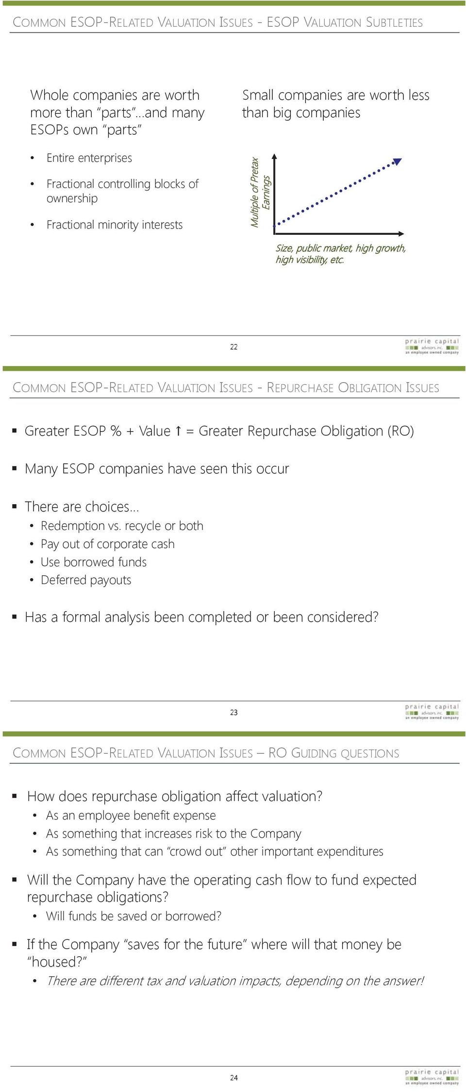 22 COMMON ESOP-RELATED VALUATION ISSUES -REPURCHASE OBLIGATION ISSUES Greater ESOP % + Value = Greater Repurchase Obligation (RO) Many ESOP companies have seen this occur There are choices Redemption