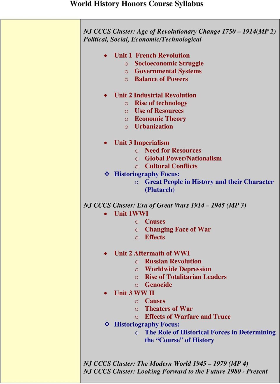 Historiography Focus: o Great People in History and their Character (Plutarch) NJ CCCS Cluster: Era of Great Wars 1914 1945 (MP 3) Unit 1WWI o Causes o Changing Face of War o Effects Unit 2 Aftermath