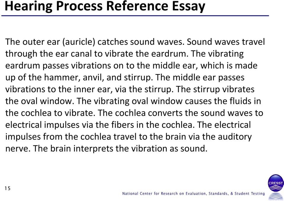 The middle ear passes vibrations to the inner ear, via the stirrup. The stirrup vibrates the oval window.