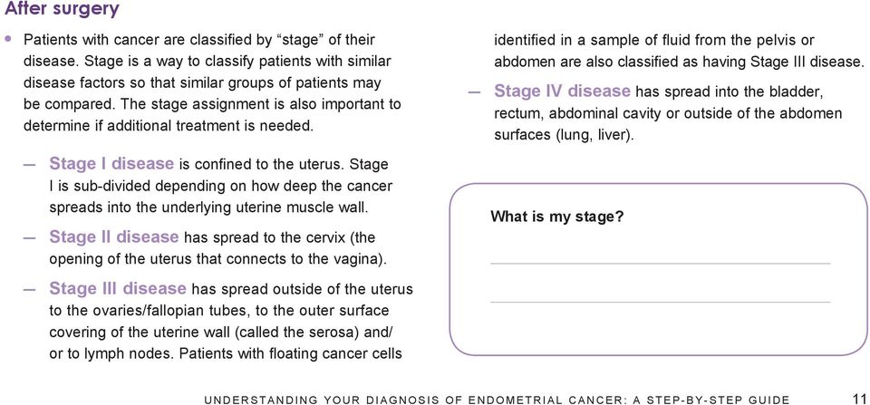Stage I is sub-divided depending on how deep the cancer spreads into the underlying uterine muscle wall.