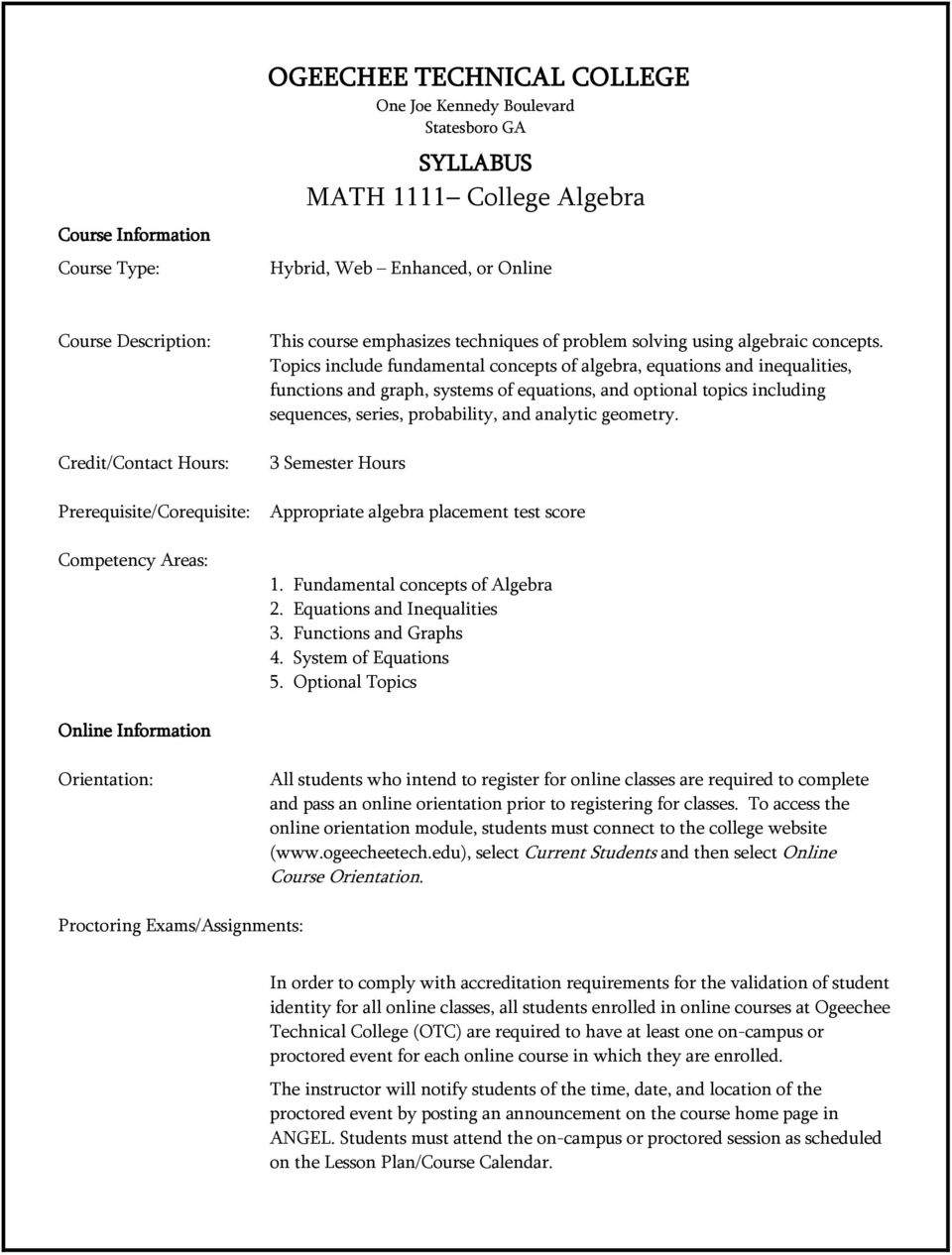 Topics include fundamental concepts of algebra, equations and inequalities, functions and graph, systems of equations, and optional topics including sequences, series, probability, and analytic