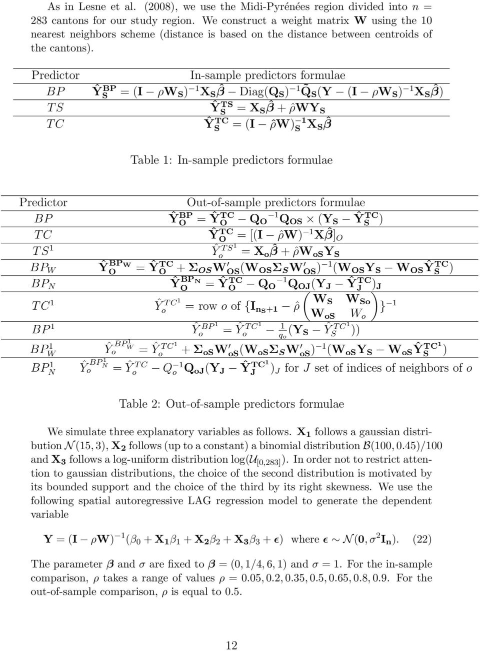 Predictor BP T S T C Ŷ BP S In-sample predictors formulae = (I ρw S ) 1 X S ˆβ Diag(QS ) 1 Q S (Y (I ρw S ) 1 X S ˆβ) ŶS TS = X S ˆβ + ˆρWY S ŶS TC = (I ˆρW) 1 S X ˆβ S Table 1: In-sample predictors