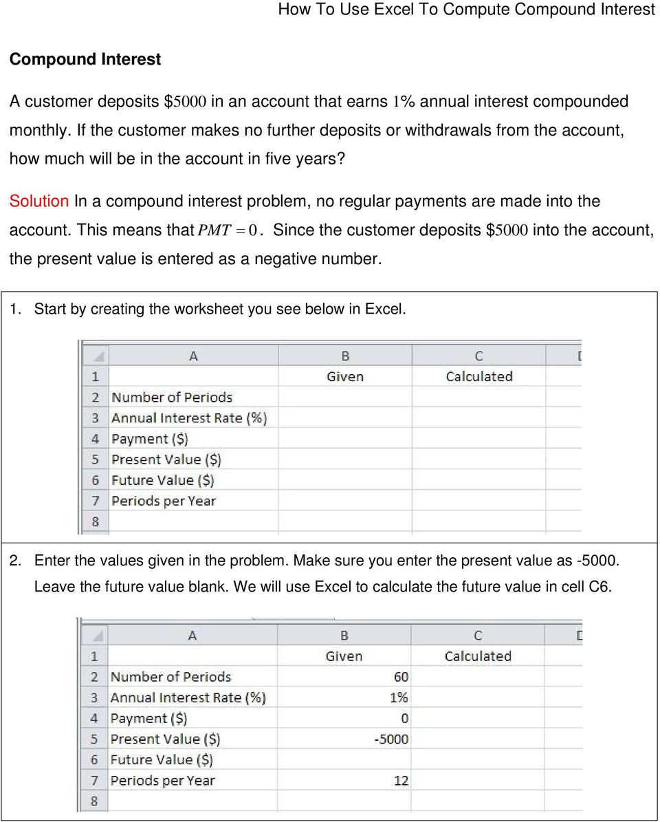 Solution In a compound interest problem, no regular payments are made into the account. This means that PMT 0.