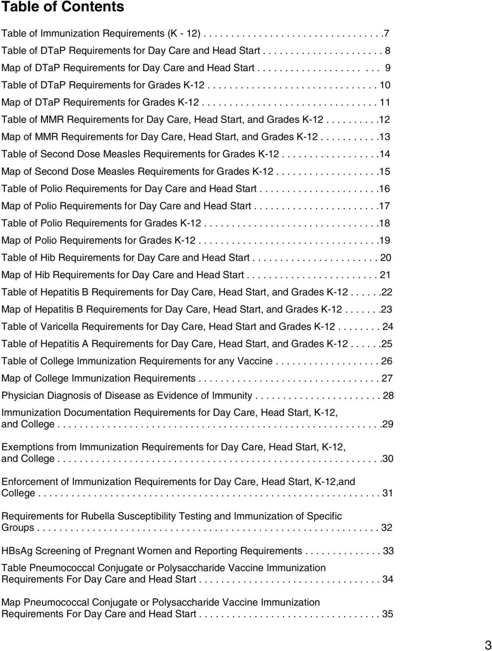 ............................... 11 Table of MMR Requirements for Day Care, Head Start, and Grades K-12..........12 Map of MMR Requirements for Day Care, Head Start, and Grades K-12.
