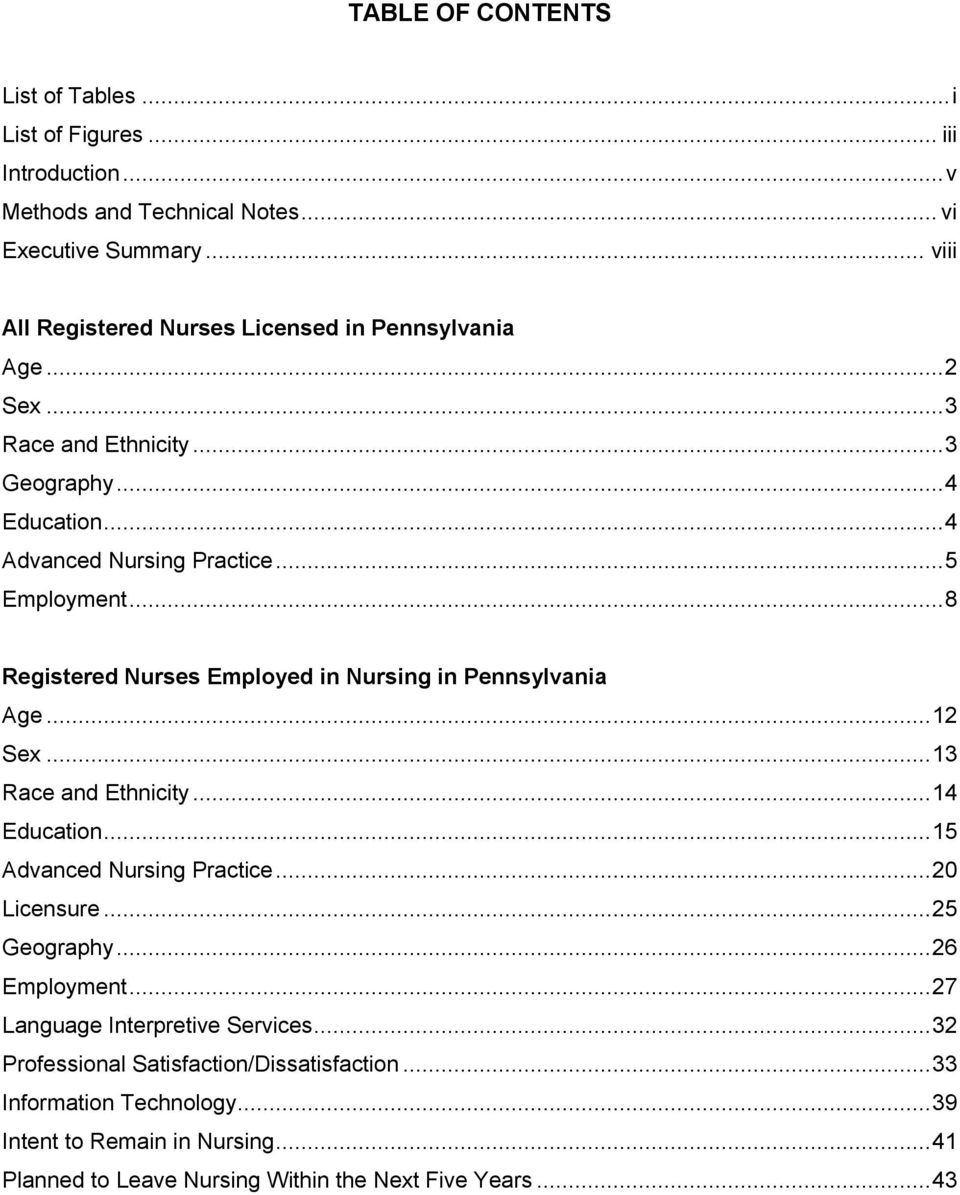 .. 8 Registered Nurses Employed in Nursing in Pennsylvania Age... 12 Sex... 13 Race and Ethnicity... 14 Education... 15 Advanced Nursing Practice... 20 Licensure... 25 Geography.