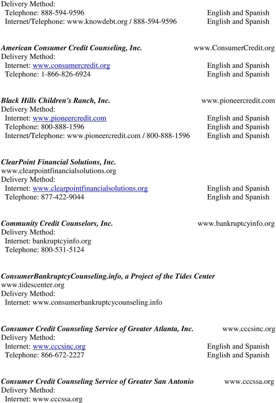 org Internet: www.clearpointfinancialsolutions.org Telephone: 877-422-9044 Community Credit Counselors, Inc. Internet: bankruptcyinfo.org Telephone: 800-531-5124 www.bankruptcyinfo.org ConsumerBankruptcyCounseling.