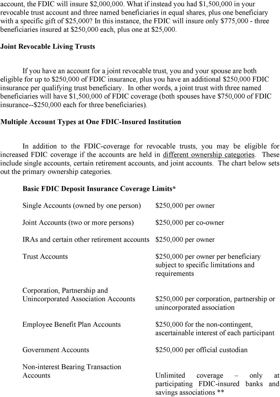 In this instance, the FDIC will insure only $775,000 - three beneficiaries insured at $250,000 each, plus one at $25,000.