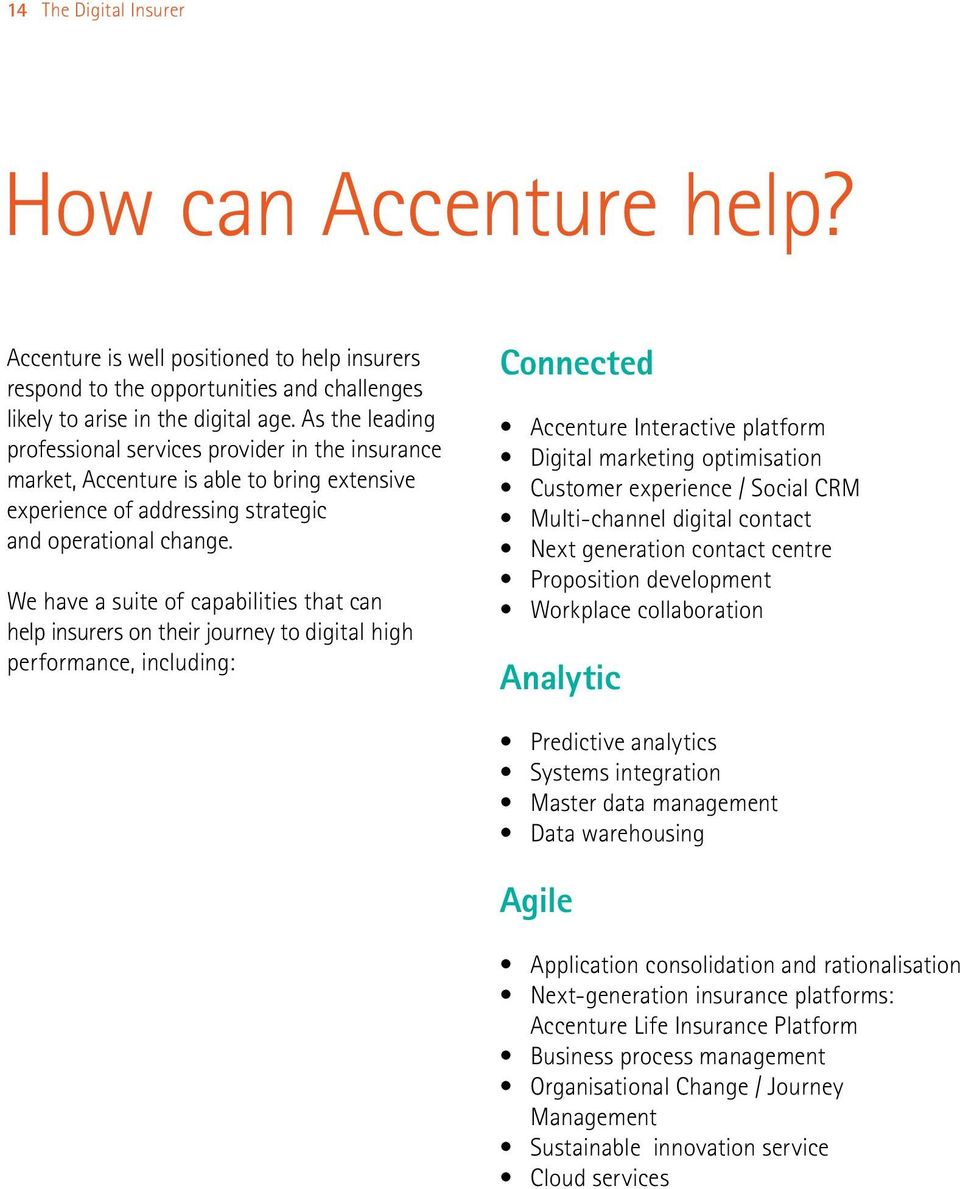 We have a suite of capabilities that can help insurers on their journey to digital high performance, including: Connected Accenture Interactive platform Digital marketing optimisation Customer