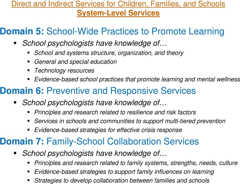 Services School psychologists have knowledge of Principles and research related to resilience and risk factors Services in schools and communities to support multi-tiered prevention Evidence-based