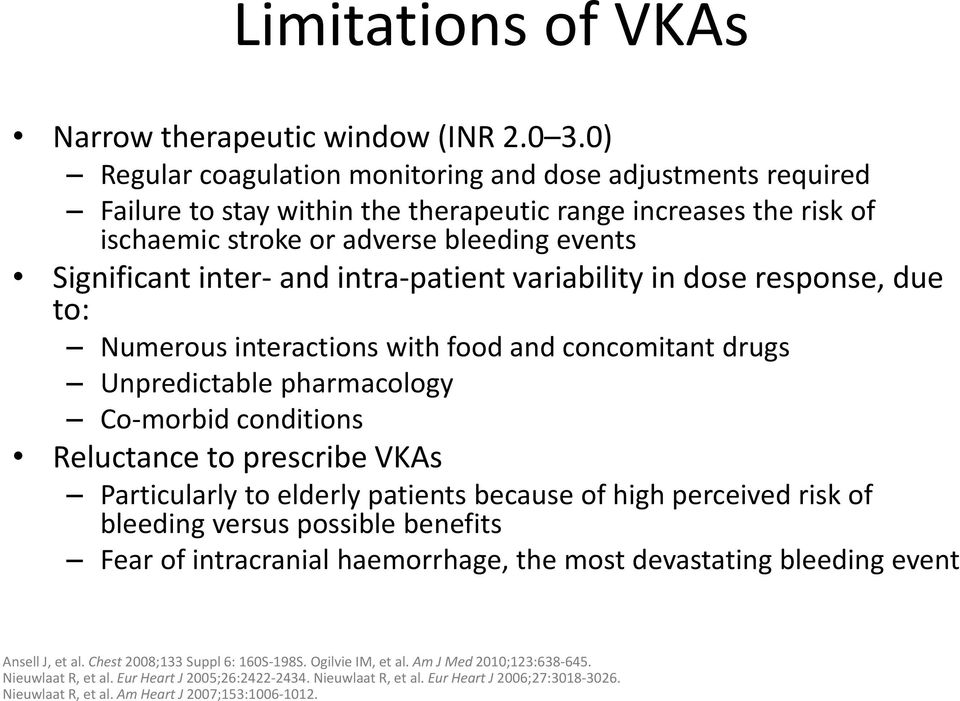 intra patient variability in dose response, due to: Numerous interactions with food and concomitant drugs Unpredictable pharmacology Co morbid conditions Reluctance to prescribe VKAs Particularly to