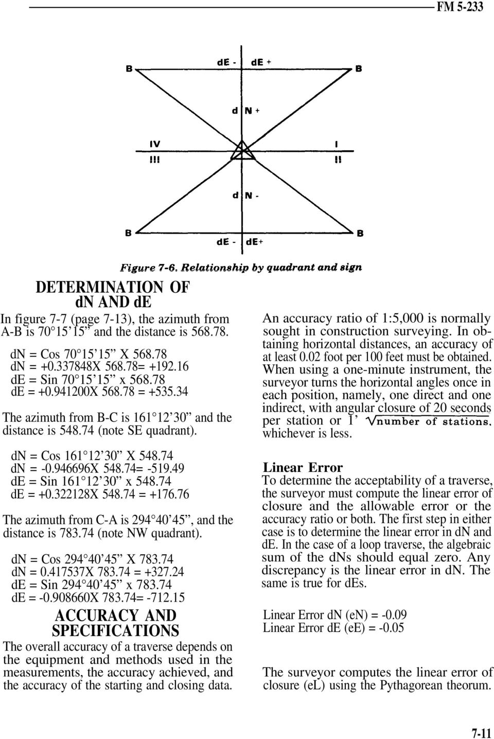 49 de = Sin 161 12 30 x 548.74 de = +0.322128X 548.74 = +176.76 The azimuth from C-A is 294 40 45, and the distance is 783.74 (note NW quadrant). dn = Cos 294 40 45 X 783.74 dn = 0.417537X 783.