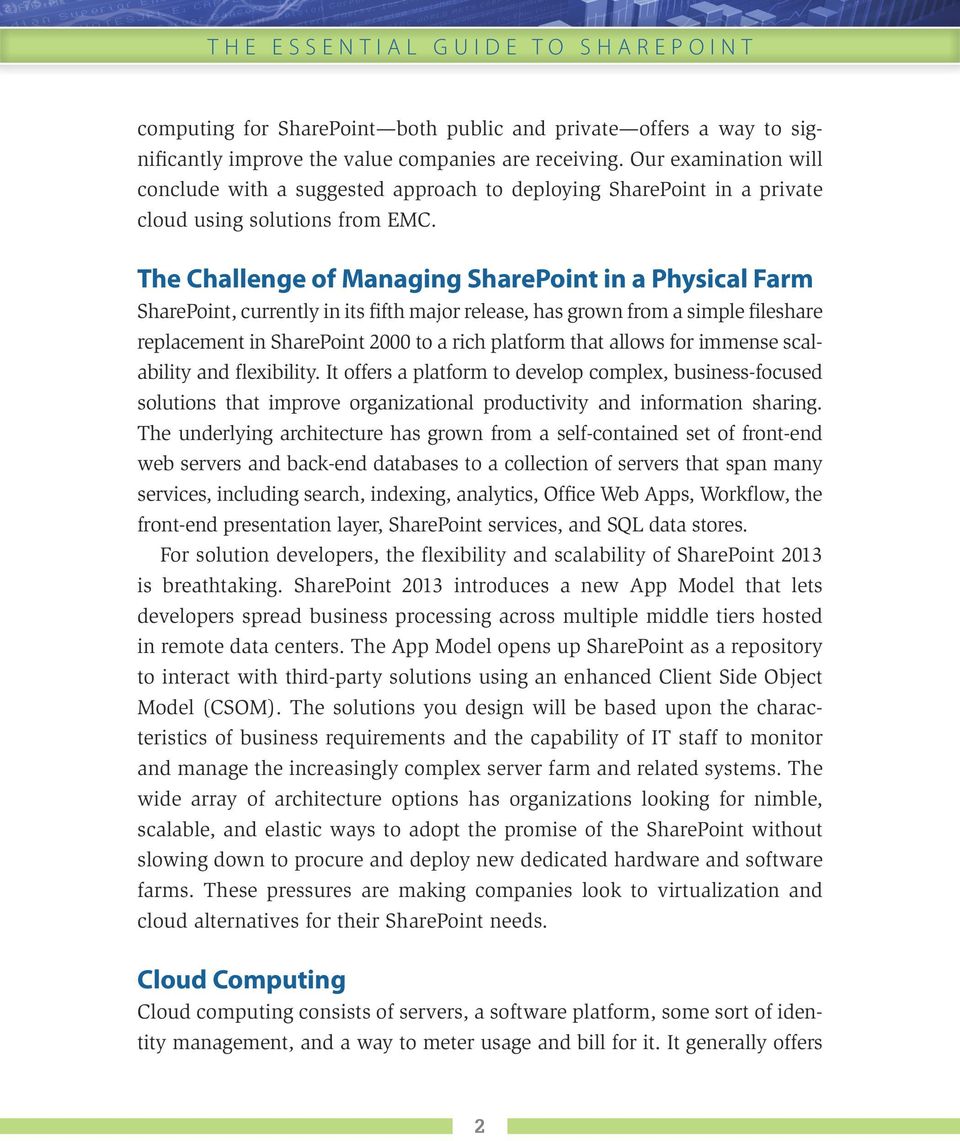 The Challenge of Managing SharePoint in a Physical Farm SharePoint, currently in its fifth major release, has grown from a simple fileshare replacement in SharePoint 2000 to a rich platform that