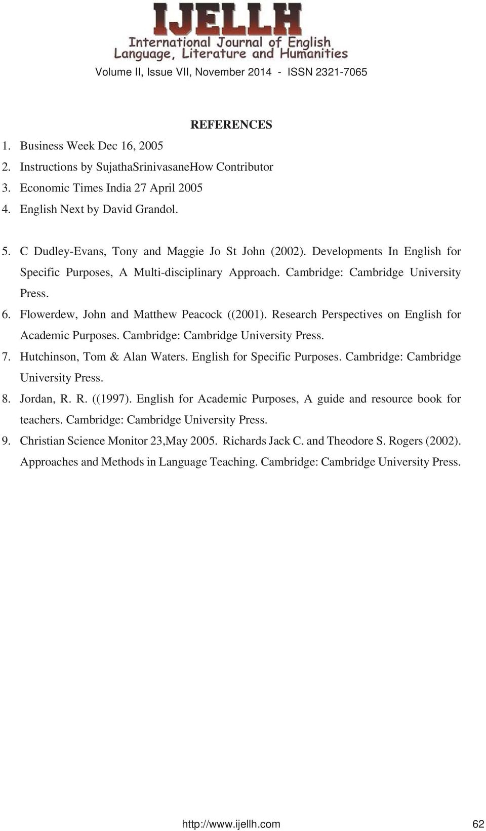 Flowerdew, John and Matthew Peacock ((2001). Research Perspectives on English for Academic Purposes. Cambridge: Cambridge University Press. 7. Hutchinson, Tom & Alan Waters.