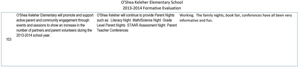 O'Shea Keleher will continue to provide Parent Nights such as: Literacy Night Math/Science Night Grade Level Parent