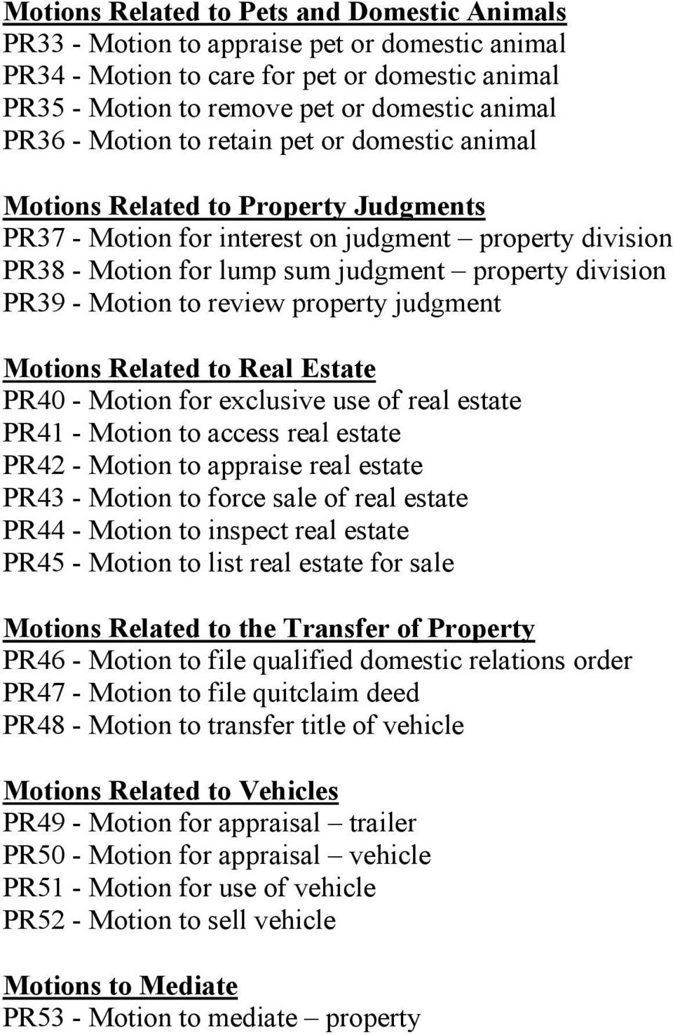 Motion to review property judgment Motions Related to Real Estate PR40 - Motion for exclusive use of real estate PR41 - Motion to access real estate PR42 - Motion to appraise real estate PR43 -