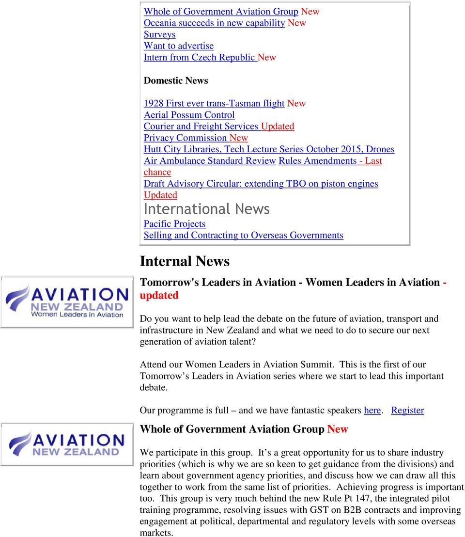 Draft Advisory Circular: extending TBO on piston engines Updated International News Pacific Projects Selling and Contracting to Overseas Governments Internal News Tomorrow's Leaders in Aviation -