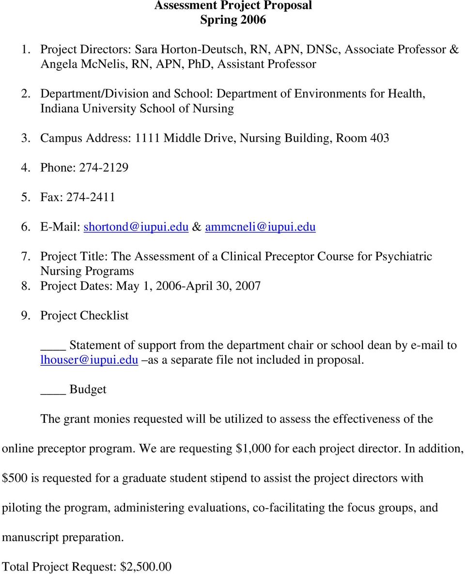 Fax: 274-2411 6. E-Mail: shortond@iupui.edu & ammcneli@iupui.edu 7. Project Title: The Assessment of a Clinical Preceptor Course for Psychiatric Nursing Programs 8.
