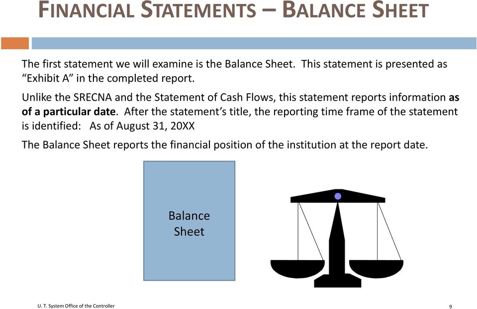 Unlike the SRECNA and the Statement of Cash Flows, this statement reports information as of a particular date.