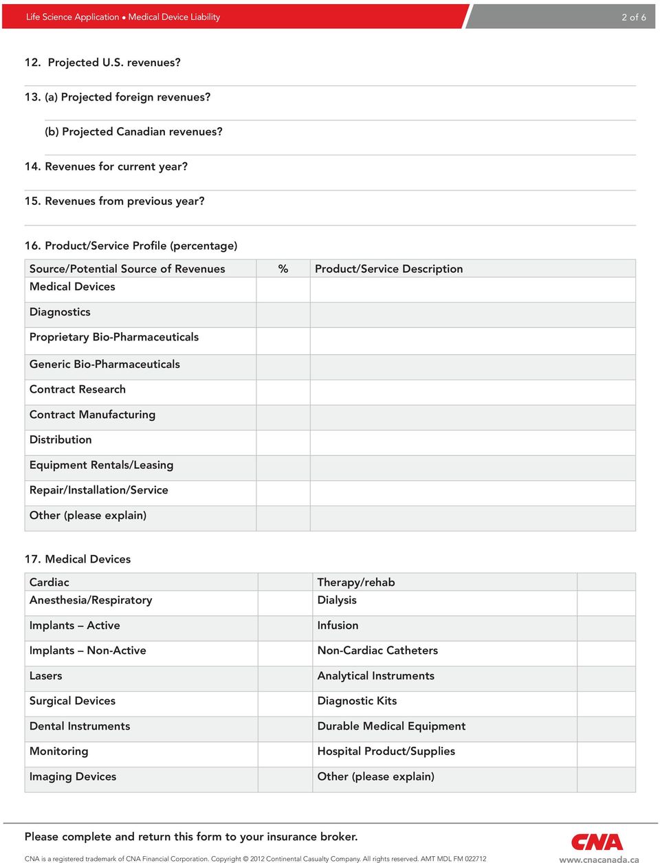 Product/Service Profile (percentage) Source/Potential Source of Revenues % Product/Service Description Medical Devices Diagnostics Proprietary Bio-Pharmaceuticals Generic Bio-Pharmaceuticals Contract