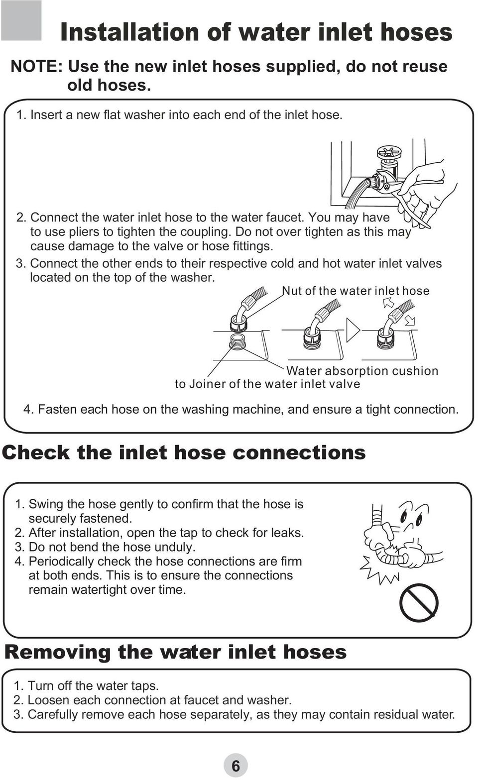 Connect the other ends to their respective cold and hot water inlet valves located on the top of the washer. Nut of the water inlet hose Water absorption cushion to Joiner of the water inlet valve 4.
