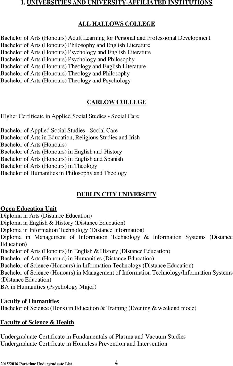 Bachelor of Arts (Honours) Theology and Philosophy Bachelor of Arts (Honours) Theology and Psychology CARLOW COLLEGE Higher Certificate in Applied Social Studies - Social Care Bachelor of Applied