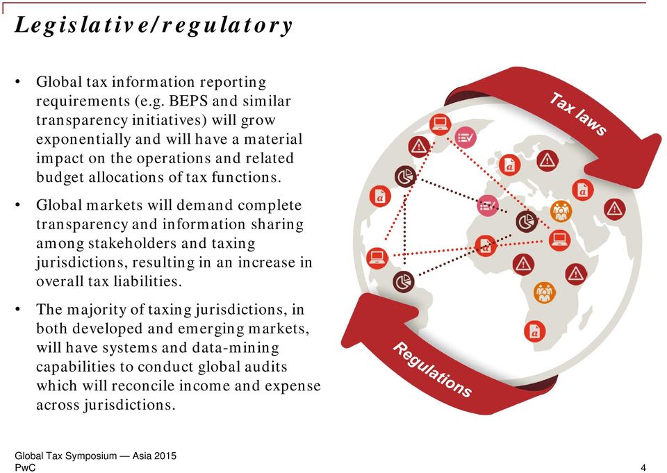 Global markets will demand complete transparency and information sharing among stakeholders and taxing jurisdictions, resulting in an increase in overall