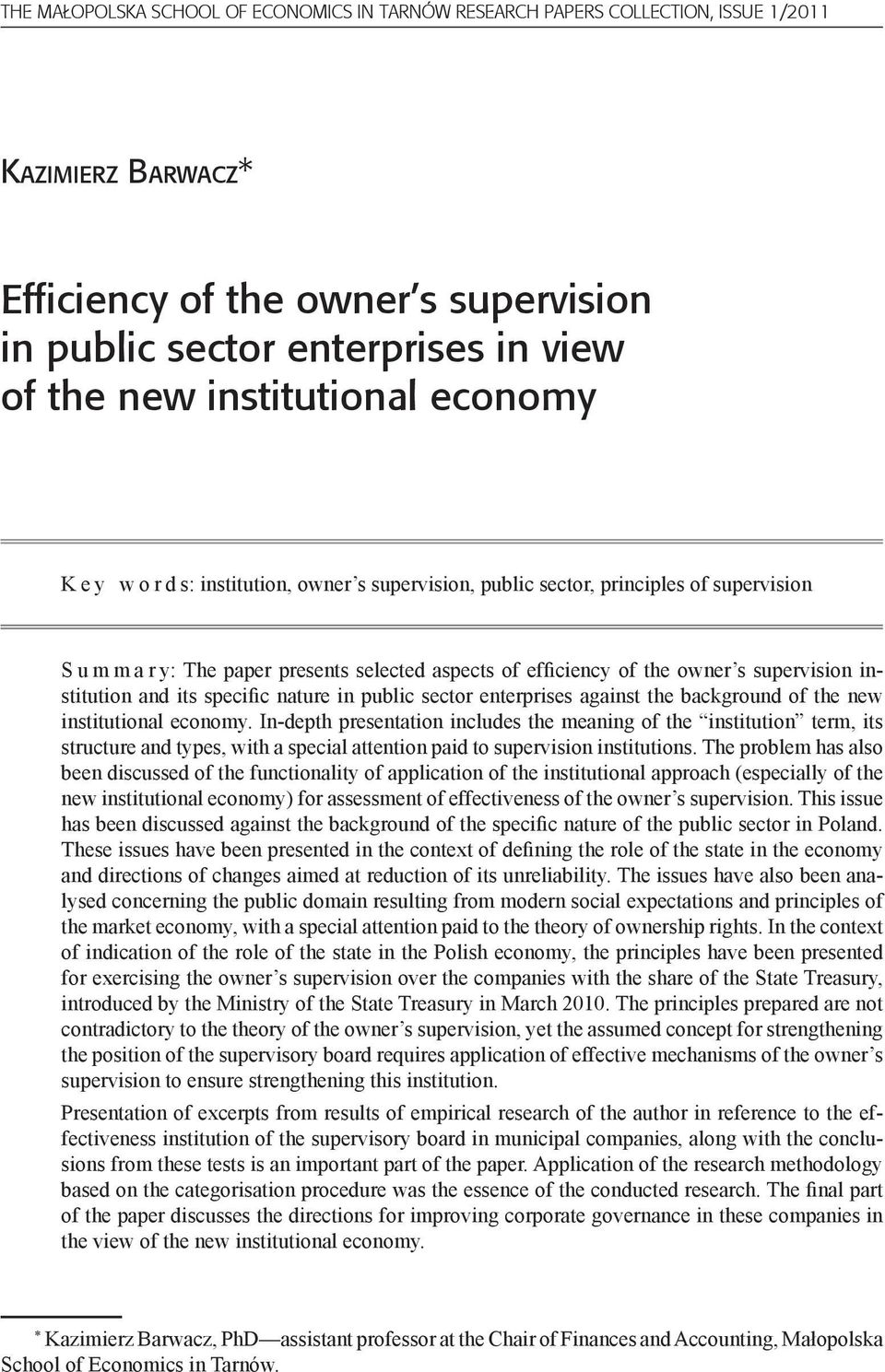 supervision institution and its specific nature in public sector enterprises against the background of the new institutional economy.