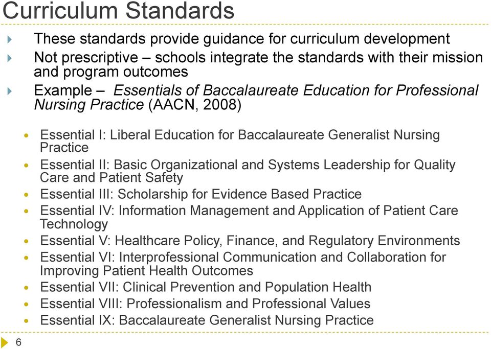 Leadership for Quality Care and Patient Safety Essential III: Scholarship for Evidence Based Practice Essential IV: Information Management and Application of Patient Care Technology Essential V: