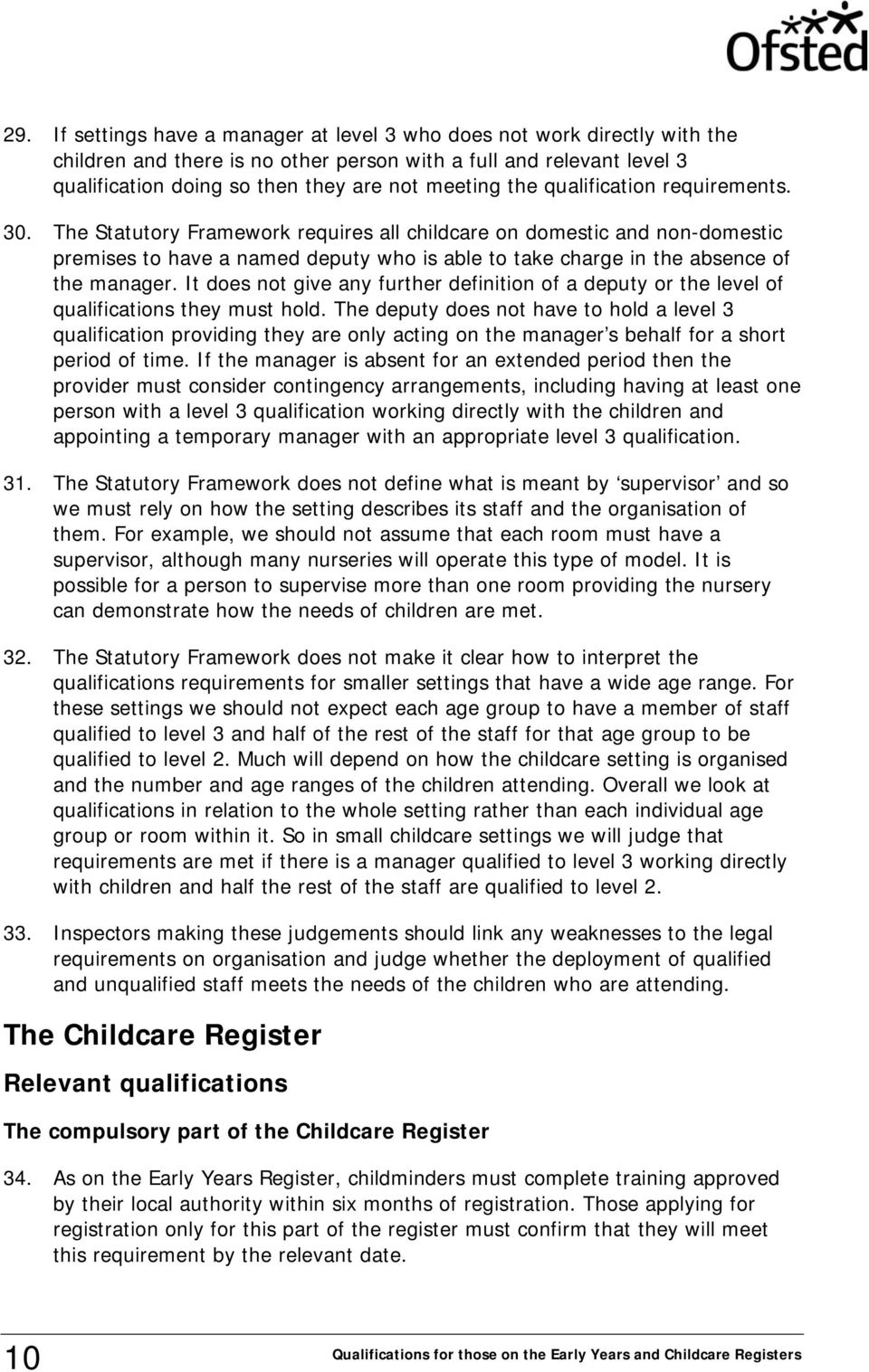 The Statutory Framework requires all childcare on domestic and non-domestic premises to have a named deputy who is able to take charge in the absence of the manager.