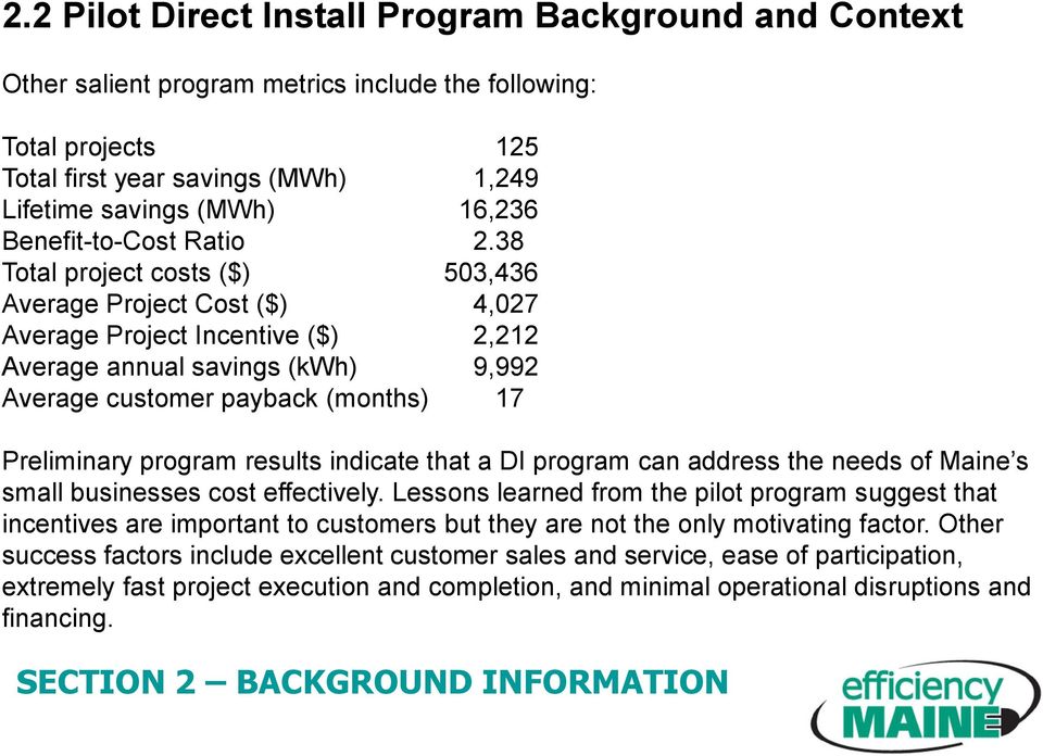 38 Total project costs ($) 503,436 Average Project Cost ($) 4,027 Average Project Incentive ($) 2,212 Average annual savings (kwh) 9,992 Average customer payback (months) 17 Preliminary program
