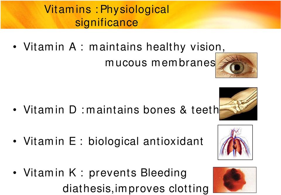 :maintains bones & teeth Vitamin E : biological