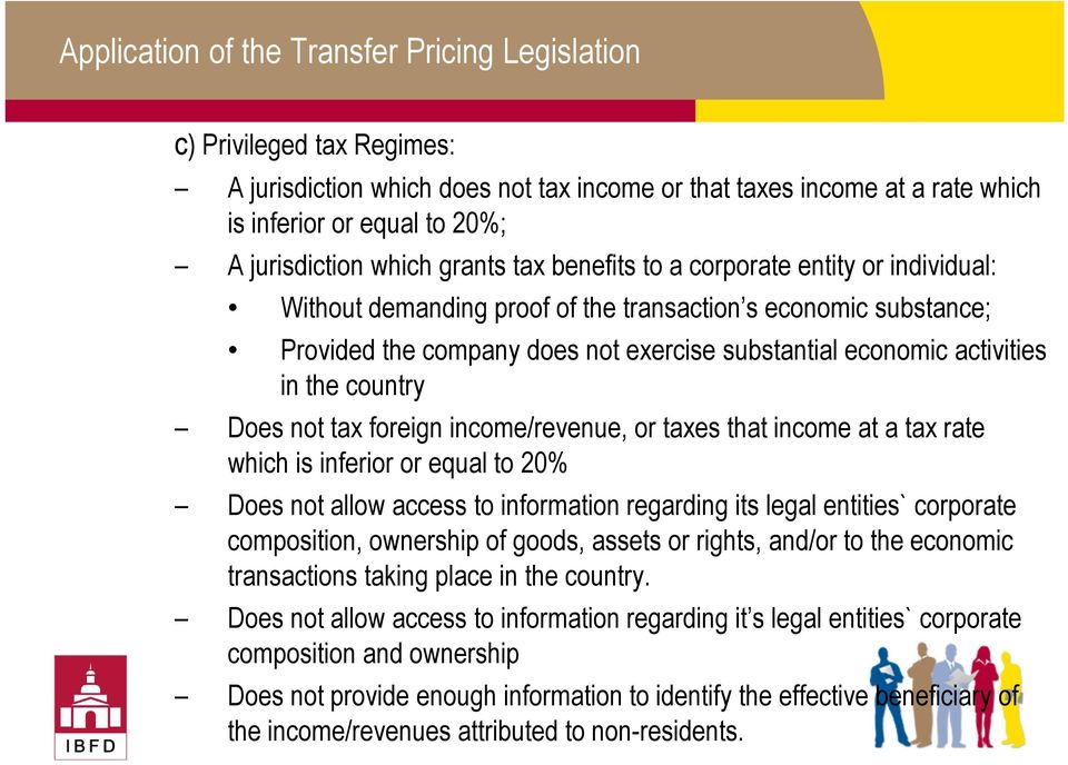 in the country Does not tax foreign income/revenue, or taxes that income at a tax rate which is inferior or equal to 20% Does not allow access to information regarding its legal entities` corporate
