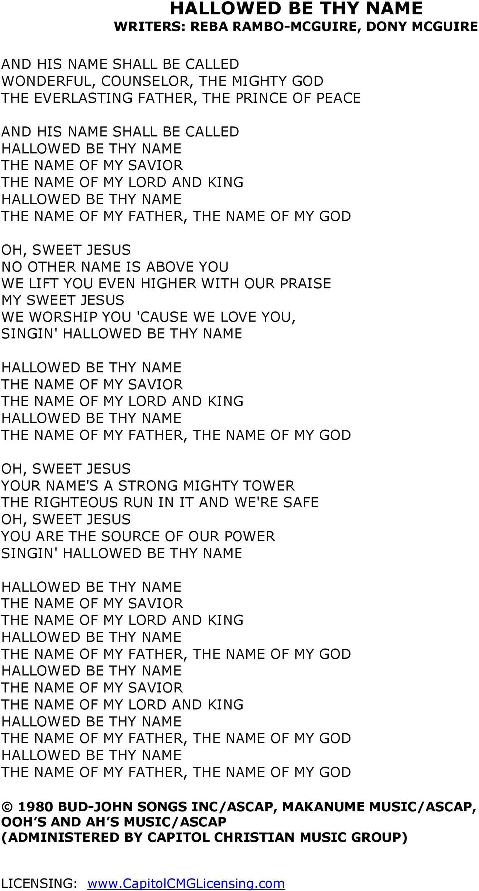 NAME OF MY LORD AND KING THE NAME OF MY FATHER, THE NAME OF MY GOD OH, SWEET JESUS YOUR NAME'S A STRONG MIGHTY TOWER THE RIGHTEOUS RUN IN IT AND WE'RE SAFE OH, SWEET JESUS YOU ARE THE SOURCE OF OUR
