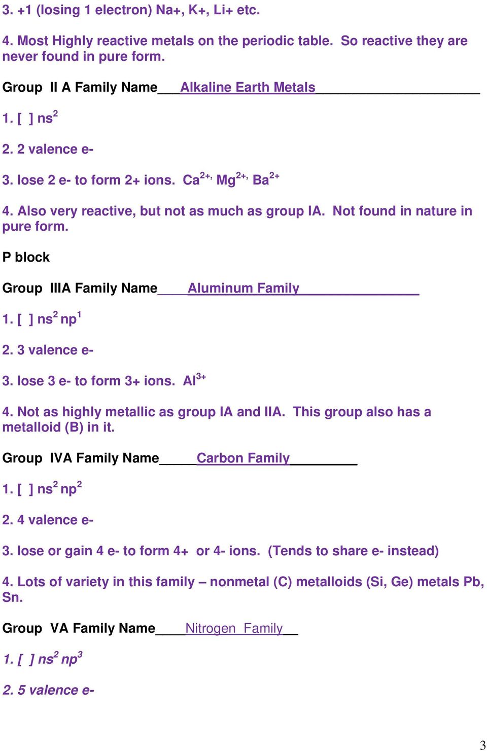 P block Group IIIA Family Name Aluminum Family 1. [ ] ns 2 np 1 2. 3 valence e- 3. lose 3 e- to form 3+ ions. Al 3+ 4. Not as highly metallic as group IA and IIA.
