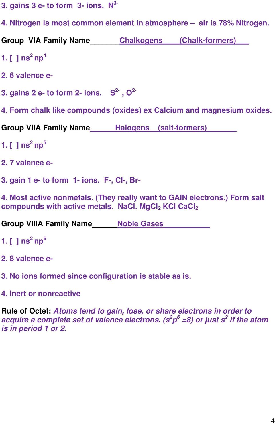 gain 1 e- to form 1- ions. F-, Cl-, Br- 4. Most active nonmetals. (They really want to GAIN electrons.) Form salt compounds with active metals. NaCl.