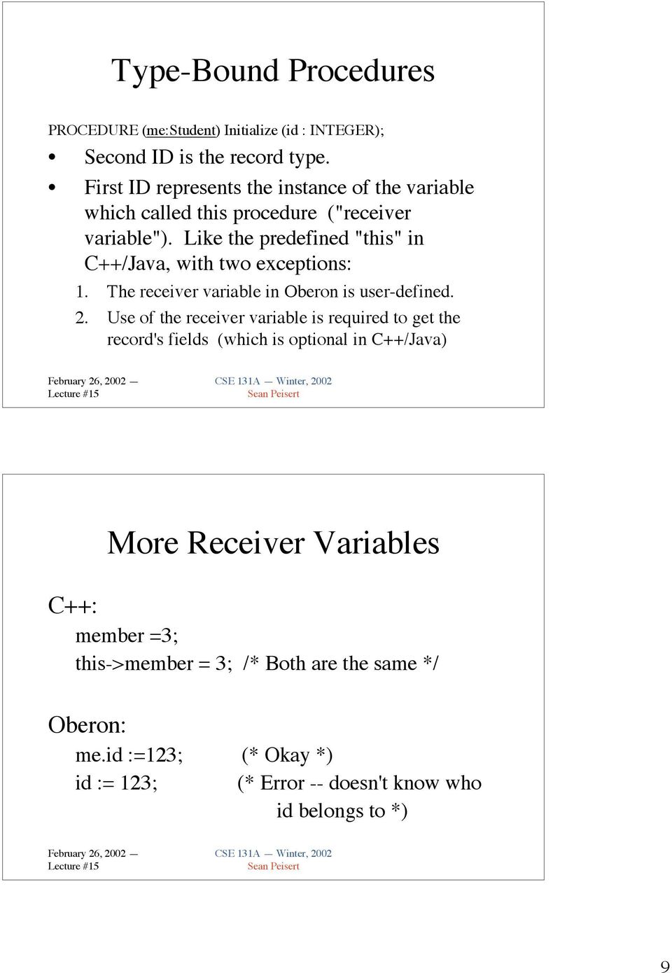 Like the predefined "this" in C++/Java, with two exceptions: 1. The receiver variable in Oberon is user-defined. 2.