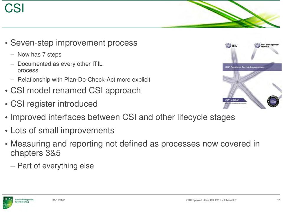 between CSI and other lifecycle stages Lots of small improvements Measuring and reporting not defined as
