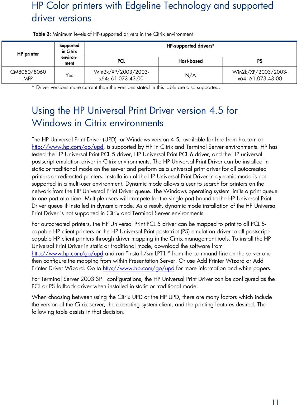 5 for Windows in Citrix environments The HP Universal Print Driver (UPD) for Windows version 4.5, available for free from hp.com at http://www.hp.com/go/upd, is supported by HP in Citrix and Terminal Server environments.