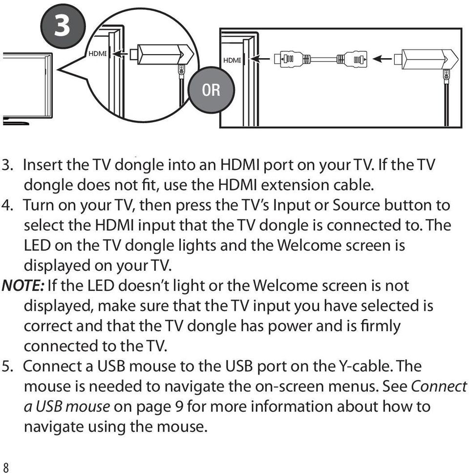 The LED on the TV dongle lights and the Welcome screen is displayed on your TV.
