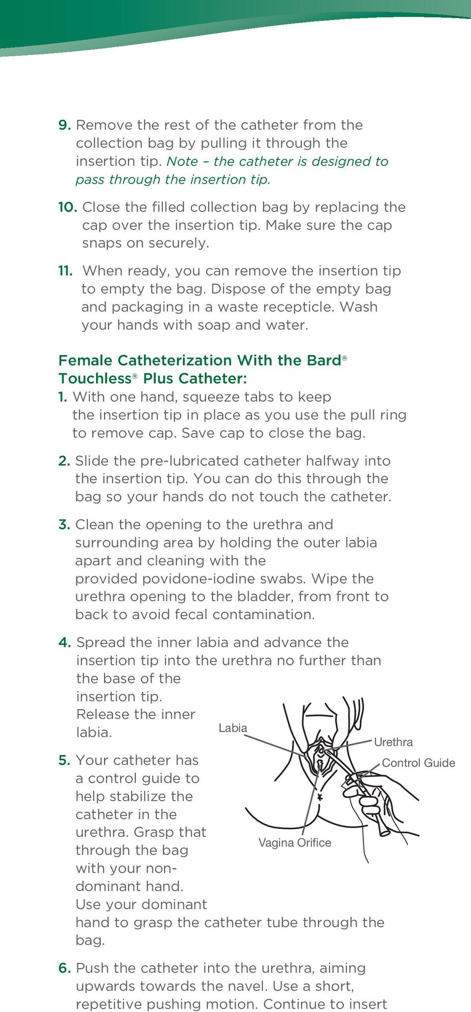 Dispose of the empty bag and packaging in a waste recepticle. Wash your hands with soap and water. Female Catheterization With the Bard Touchless Plus Catheter: 1.