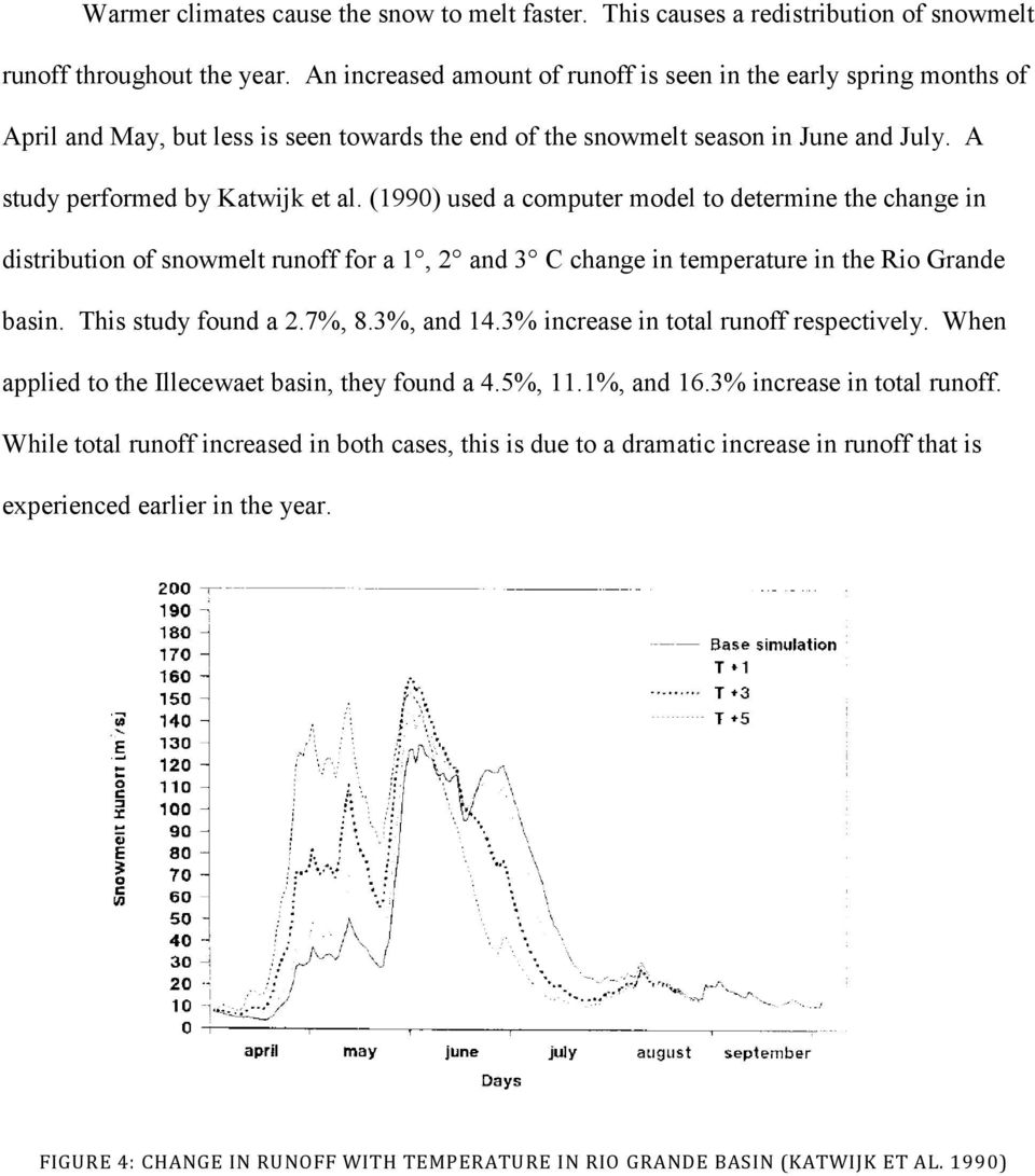 (1990) used a computer model to determine the change in distribution of snowmelt runoff for a 1, 2 and 3 C change in temperature in the Rio Grande basin. This study found a 2.7%, 8.3%, and 14.