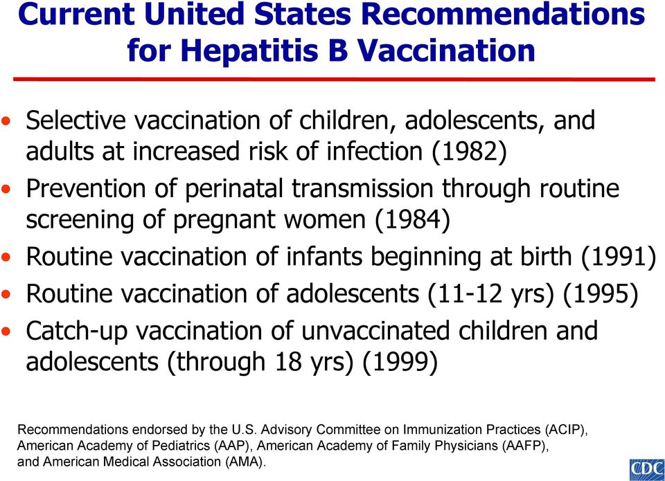 of adolescents (11-12 yrs) (1995) Catch-up vaccination of unvaccinated children and adolescents (through 18 yrs) (1999) Recommendations endorsed by the U.S.