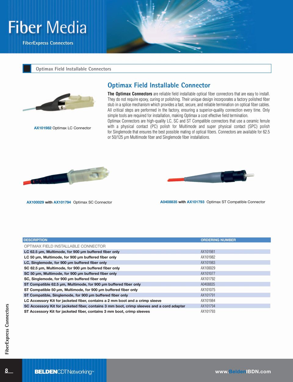 Their unique design incorporates a factory polished fiber stub in a splice mechanism which provides a fast, secure, and reliable termination on optical fiber cables.