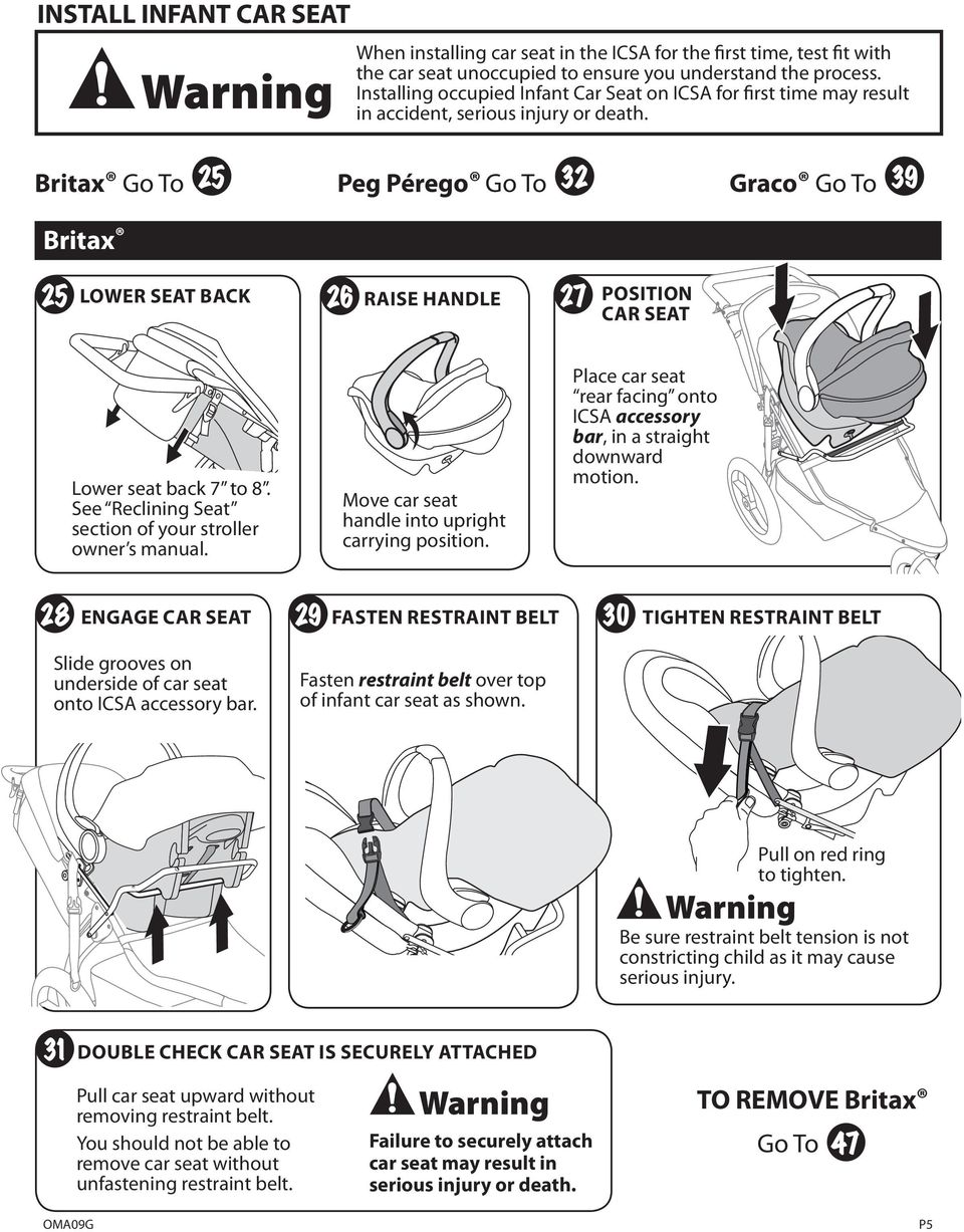 Britax Go To Peg Pérego Go To Graco Go To Britax LOWER SEAT BACK RAISE HANDLE POSITION CAR SEAT Lower seat back 7 to 8. See Reclining Seat section of your stroller owner s manual.