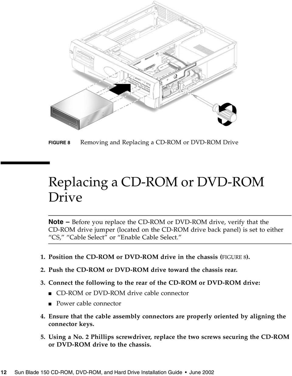 Push the CD-ROM or DVD-ROM drive toward the chassis rear. 3. Connect the following to the rear of the CD-ROM or DVD-ROM drive: CD-ROM or DVD-ROM drive cable connector Power cable connector 4.